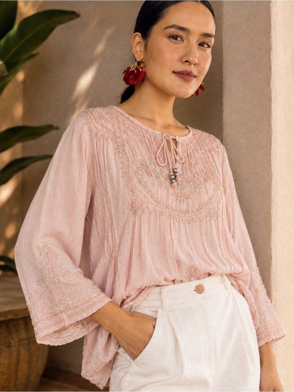 Blush Pink Embroidered Boho Tunic Blouse Size S Romance Solitaire Resort Coastal
